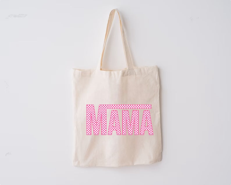 Pink Checkered Mama Tote Bag Hippo Boutique