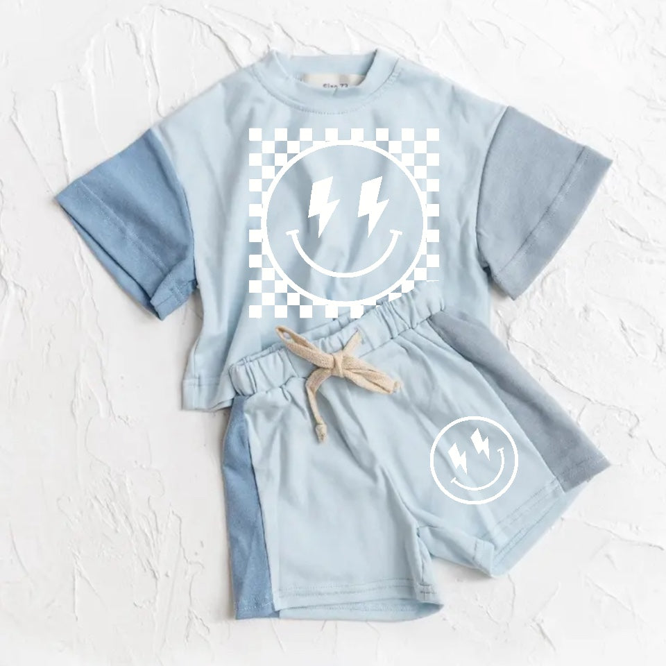 Retro Smile Baby and Kids cotton color block t-shirt & shorts outfit Hippo Boutique