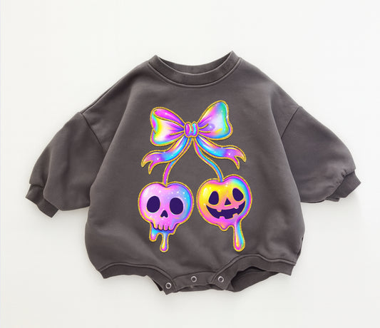 Beautiful 100% cotton baggy pastel sweatshirt rompers with an adorable spooky ghost cherry print. 🥰 baby Halloween romper toddler sweatshirt