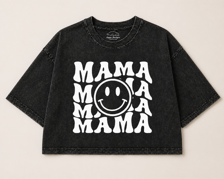 Retro Mama Smile Acid Washed 100% Cotton Oversized Cropped T-Shirts Hippo Boutique