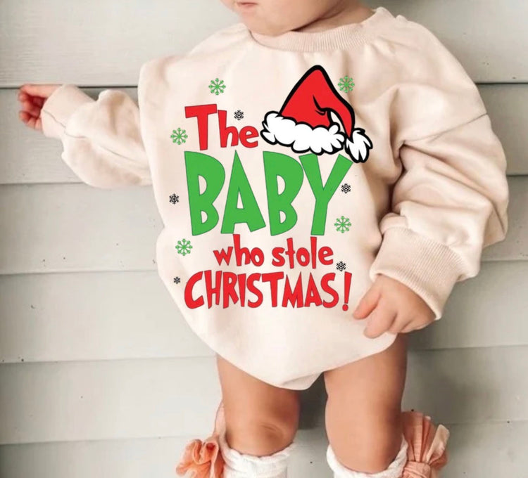 Baby who stole Christmas Baby Sweatshirt Bubble Romper Hippo Boutique
