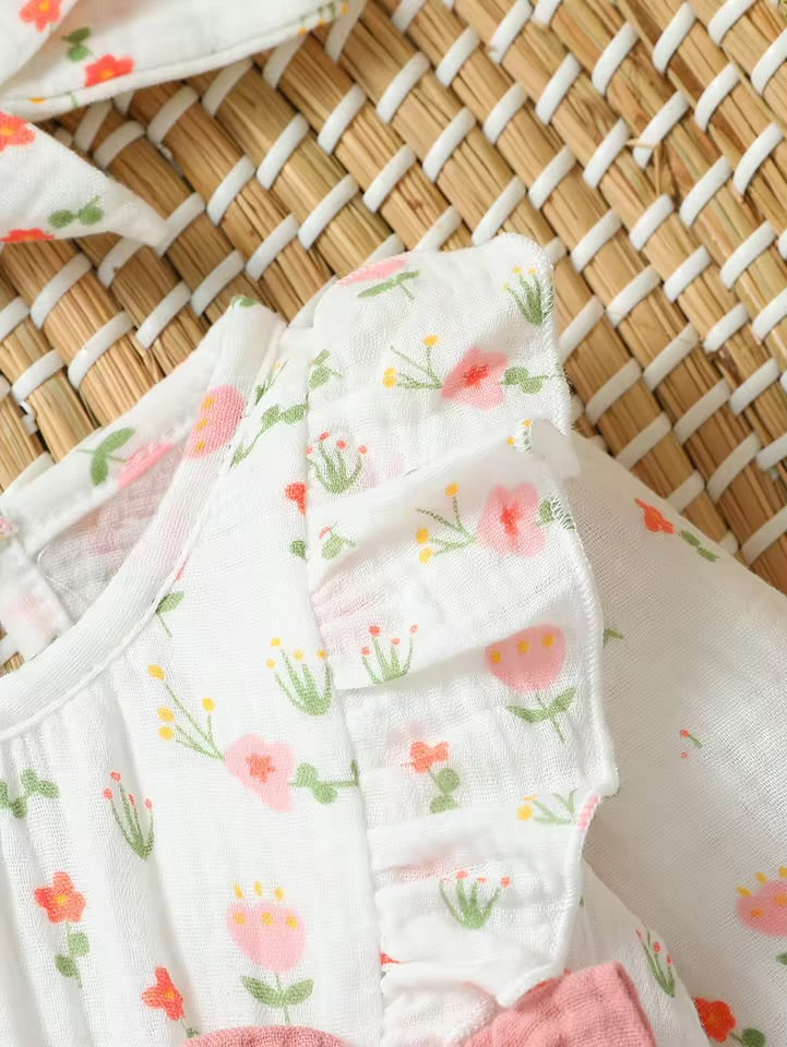 Floral Baby Girl Romper with Pink Bows & Matching Bow Headband Hippo Boutique