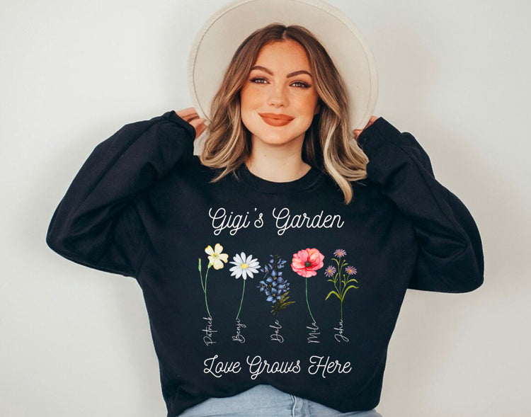 Custom Grandmas Garden Sweatshirt with kids names and birth flowers Hippo Boutique
