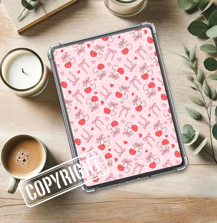 Pink Kindle insert with cherry and bow pattern, handmade organic design. - Kindle Insert - Cherry & Bows