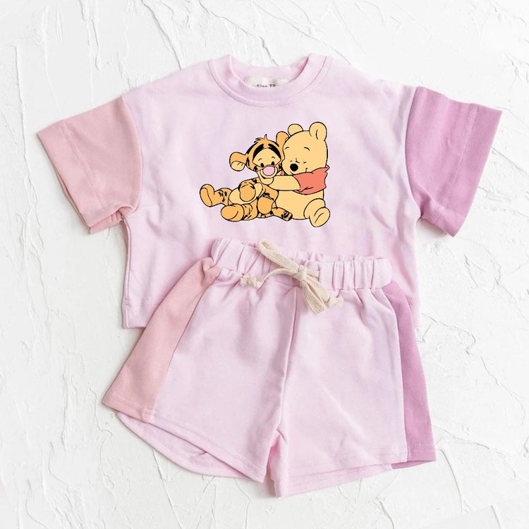 Baby and Kids cotton color block bear t-shirt & shorts outfit Hippo Boutique