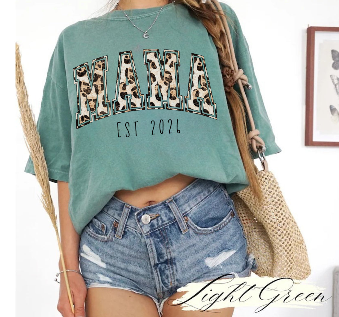 Leopard Print Mama with EST Date Women’s T-Shirt Hippo Boutique