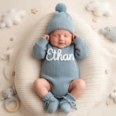 Personalized Baby Knit Romper Set Custom Name Embroidered Hippo Boutique