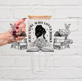 Clear glass tumbler with wooden lid and straw, black floral "Just a Girl Who Loves Books" design, Canadian handmade style. - Floral Just a Girl Who Loves Books Glass Cup
