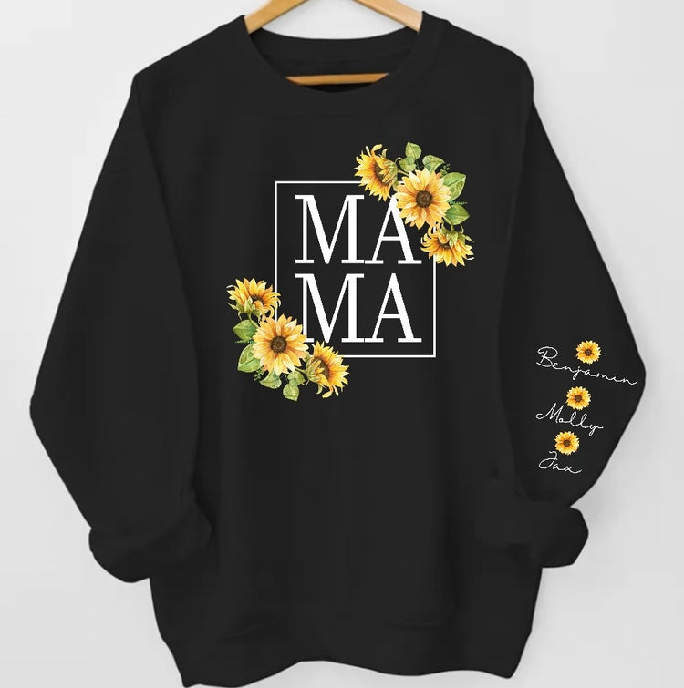 Sunflower Mama Sweatshirt with children’s name on sleeve Hippo Boutique