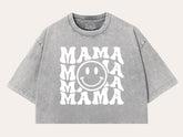 Retro Mama Smile Acid Washed 100% Cotton Oversized Cropped T-Shirts Hippo Boutique