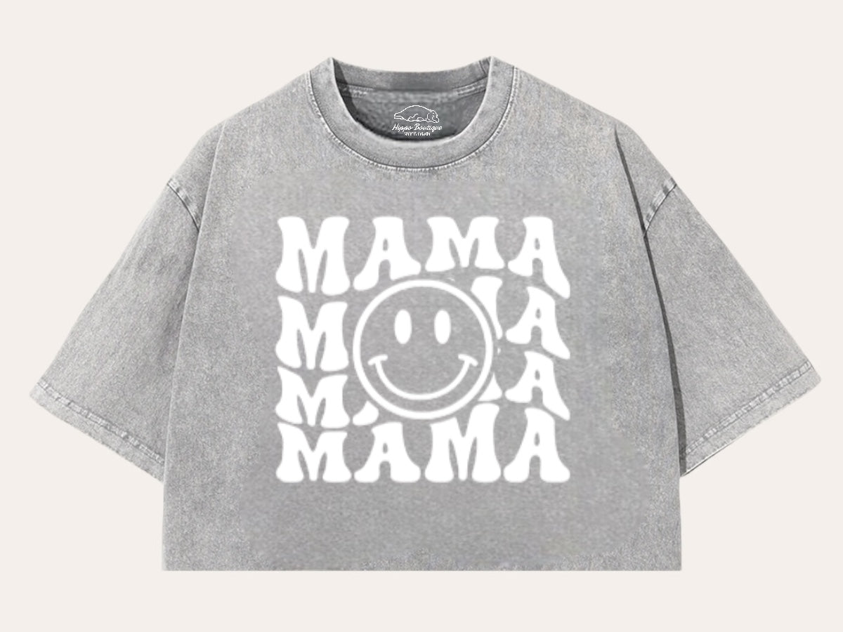 Retro Mama Smile Acid Washed 100% Cotton Oversized Cropped T-Shirts Hippo Boutique
