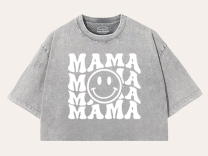 Retro Mama Smile Acid Washed 100% Cotton Oversized Cropped T-Shirts Hippo Boutique