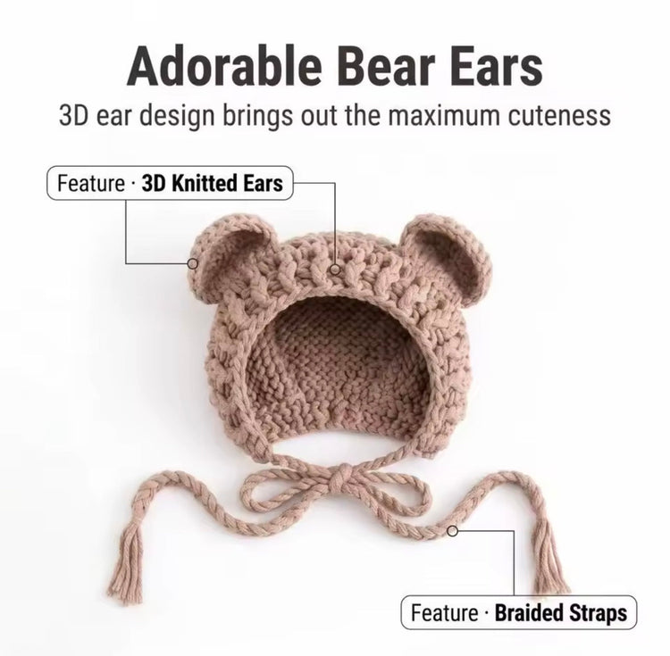 Newborn Bear Photography Outfit – Knit Teddy Romper & Bear Ear Hat Set Hippo Boutique