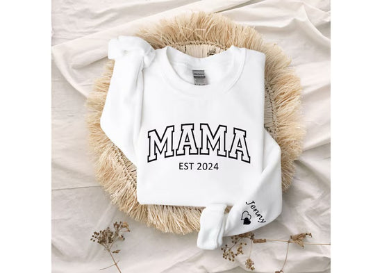 Custom Varsity Mama Sweatshirt with children’s name on sleeve Hippo Boutique