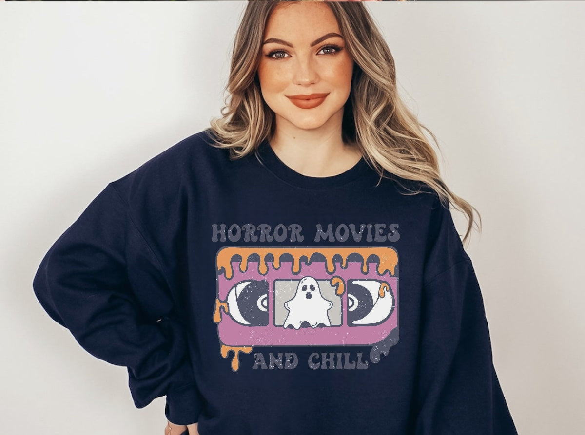 Halloween Horror Movies and Chill Women’s fleece crewneck Sweatshirts Hippo Boutique