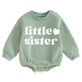 Handmade organic Canadian baby clothes soft green sweatshirt romper with "little sister" text. - Little Sister Soft warm fleece Baby Oversized Sweatshirt Romper