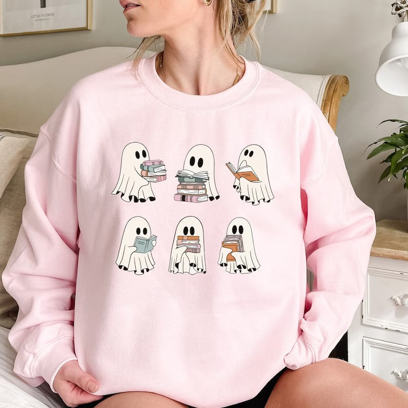 Halloween fleece crewneck Sweatshirts Reading Ghosts Hippo Boutique