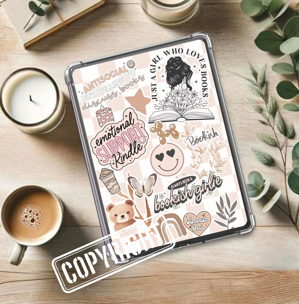 Brown checkered Kindle insert with bookish and cozy organic-themed stickers, handmade design. - Kindle Insert - Brown Checkered Bookish