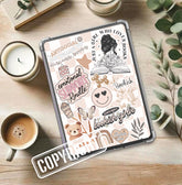 Brown checkered Kindle insert with bookish and cozy organic-themed stickers, handmade design. - Kindle Insert - Brown Checkered Bookish