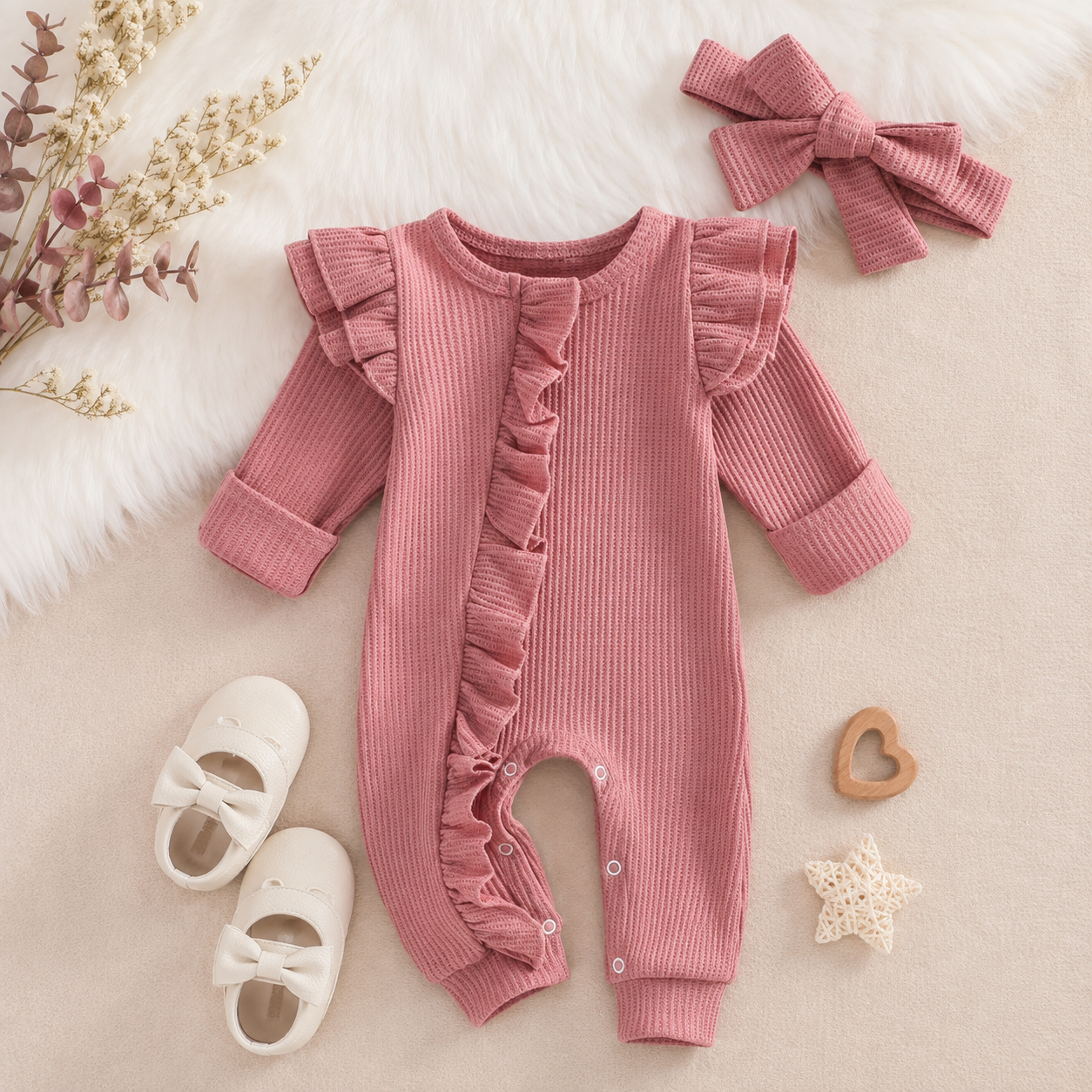 Baby Girl Waffle Knit Ruffle Romper with Matching Bow Headband Hippo Boutique