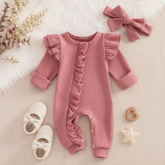 Baby Girl Waffle Knit Ruffle Romper with Matching Bow Headband Hippo Boutique
