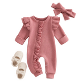 Baby Girl Waffle Knit Ruffle Romper with Matching Bow Headband Hippo Boutique