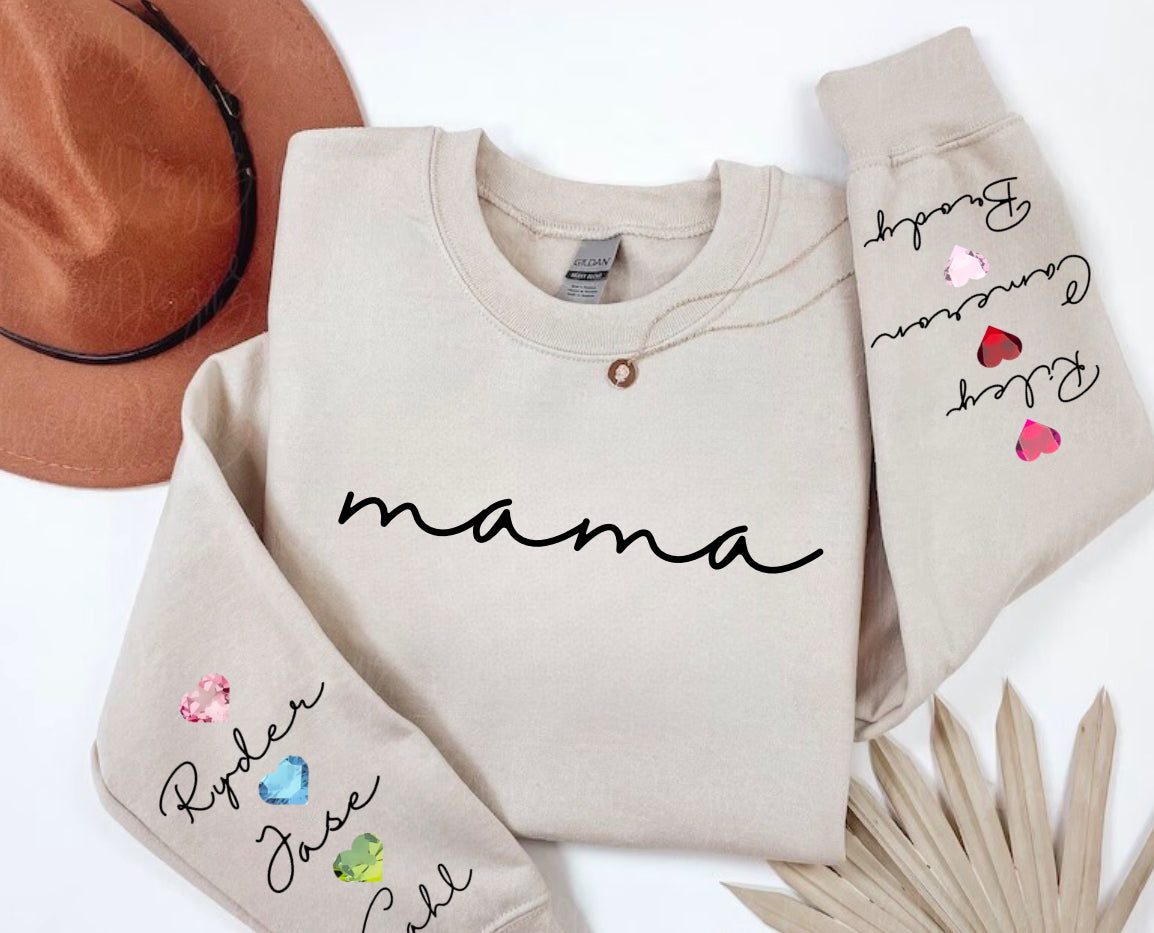 Custom Mama Birthstone Hearts with children’s name on sleeve Hippo Boutique