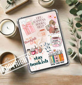 Clear Kindle insert with colorful bookish quotes and illustrations of books, flowers, and coffee cups. - Kindle Insert - Stay Bookish
