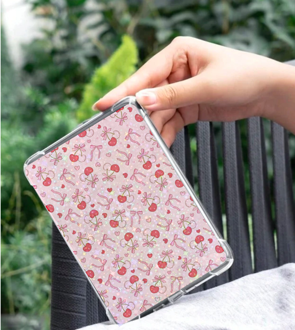 Pink Kindle insert with cherry and bow pattern, handmade organic design with comfortable fit. - Kindle Insert - Cherry & Bows
