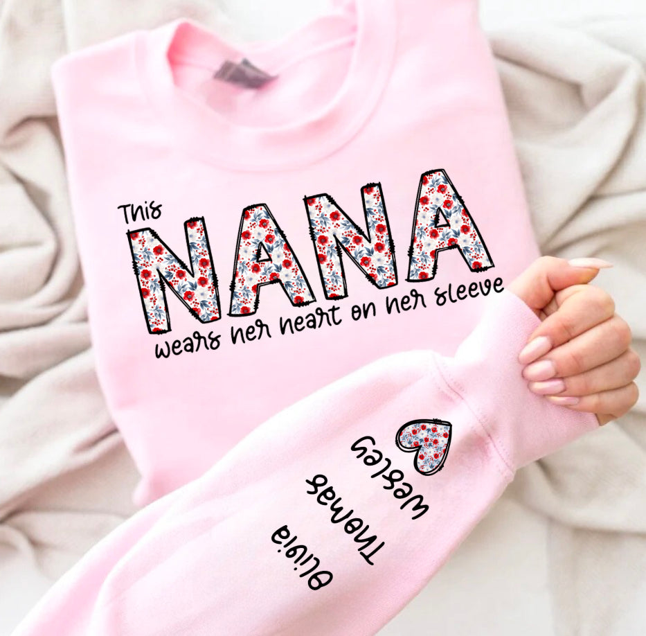 Custom Floral Nana Sweatshirt with children’s name on sleeve Hippo Boutique