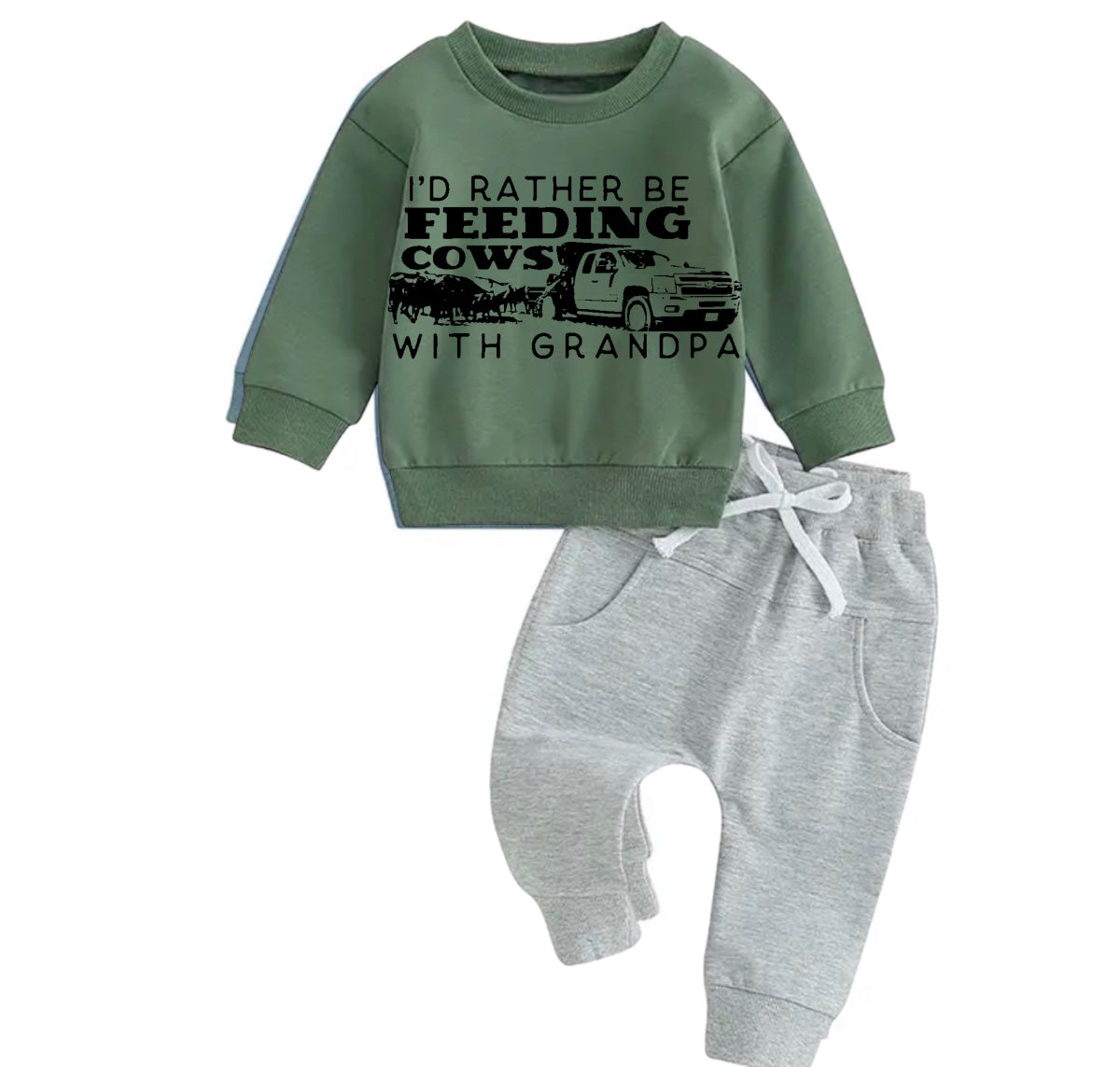 Feeding cows with grandpa Baby Outfit set sweatshirt and pants Hippo Boutique