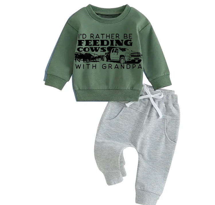 Feeding cows with grandpa Baby Outfit set sweatshirt and pants Hippo Boutique