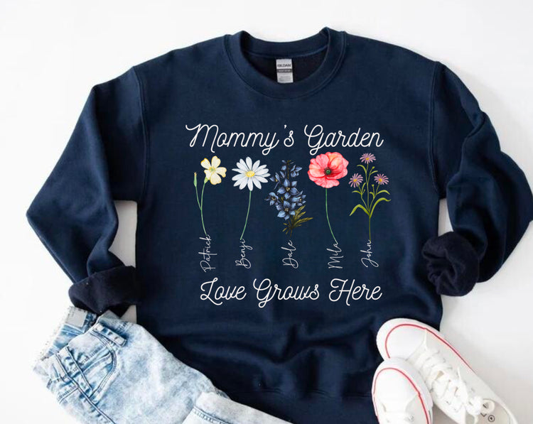 Custom Grandmas Garden Sweatshirt with kids names and birth flowers Hippo Boutique