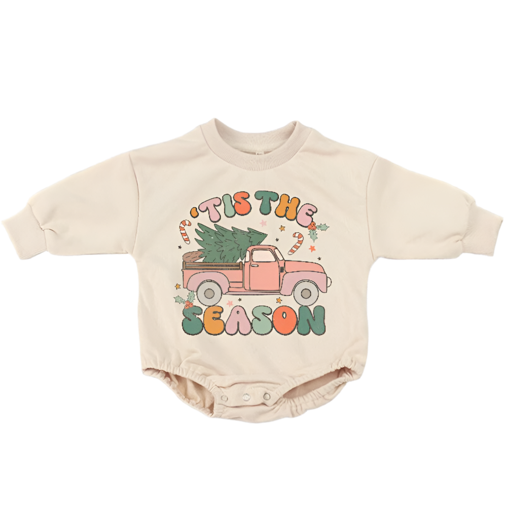 Tis The Season Retro Christmas Baby Oversized Sweatshirt Romper Hippo Boutique
