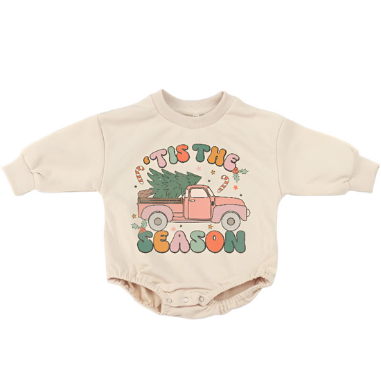Tis The Season Retro Christmas Baby Oversized Sweatshirt Romper Hippo Boutique