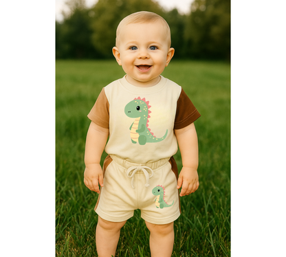 Dino Baby and Kids cotton color block t-shirt & shorts outfit Hippo Boutique