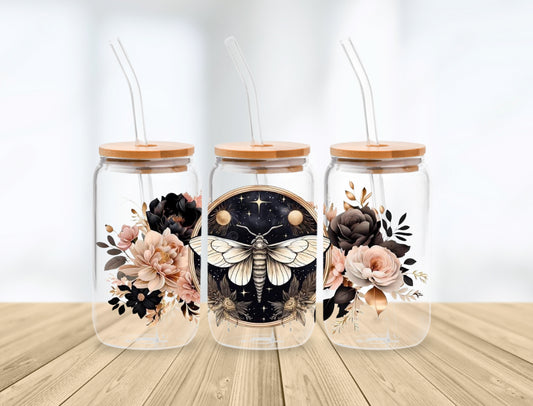 Floral Moth Glass Tumbler Cup Hippo Boutique