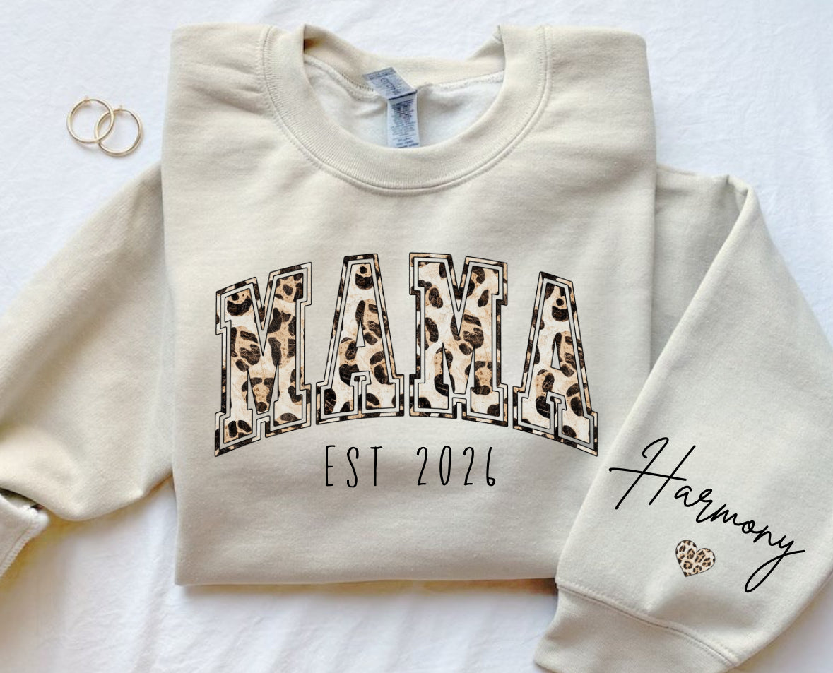Custom Mama Leaopard Print Sweatshirt with children’s name on sleeve Hippo Boutique