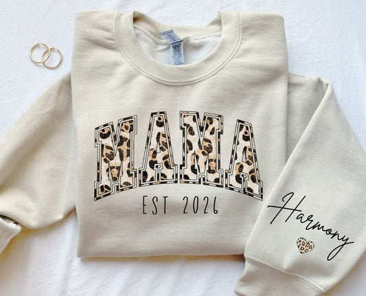 Custom Mama Leaopard Print Sweatshirt with children’s name on sleeve Hippo Boutique