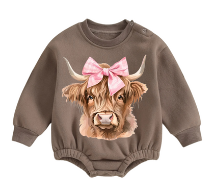 Fleece pink bow highland cow Baby Oversized Sweatshirt Bodysuit Hippo Boutique