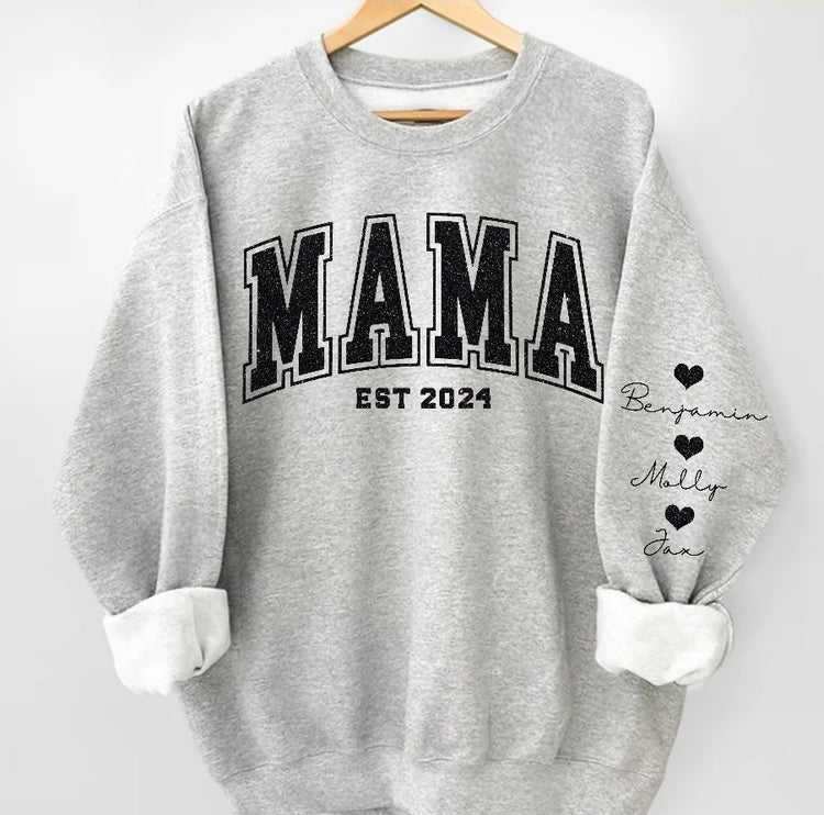 (Copy) Glitter Mama Sweatshirt with children’s name on sleeve Hippo Boutique