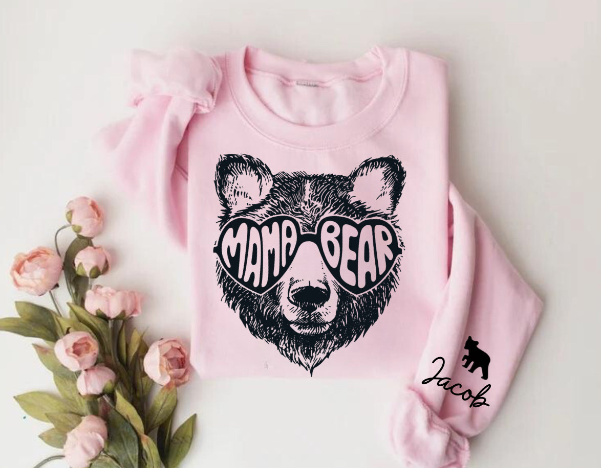 Custom Mama Bear Sweatshirt with children’s name on sleeve Hippo Boutique