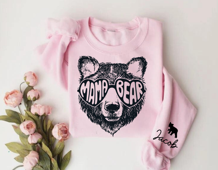 Custom Mama Bear Sweatshirt with children’s name on sleeve Hippo Boutique