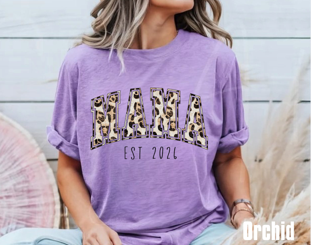 Leopard Print Mama with EST Date Women’s T-Shirt Hippo Boutique