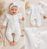 Baby Girl Waffle Knit Ruffle Romper with Matching Bow Headband Hippo Boutique