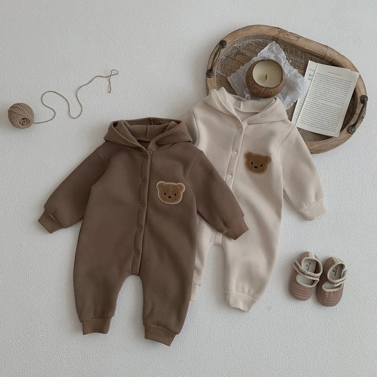 Teddy Hooded Romper Zip Up Bodysuit Hippo Boutique