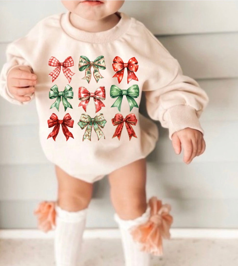 Christmas Bows Baby Sweatshirt Bubble Romper Hippo Boutique