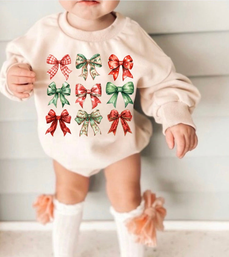Christmas Bows Baby Sweatshirt Bubble Romper Hippo Boutique