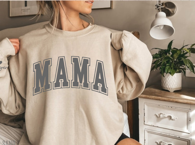 Varsity Mama Sweatshirt with children’s name on sleeve Hippo Boutique