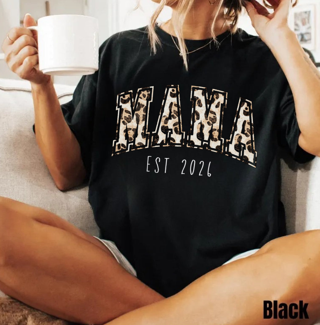 Leopard Print Mama with EST Date Women’s T-Shirt Hippo Boutique